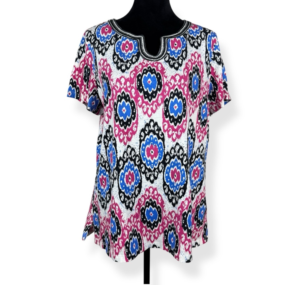 Kim Rogers Top Womens XL Short Sleeve Pink White Blue 100% Cotton‎